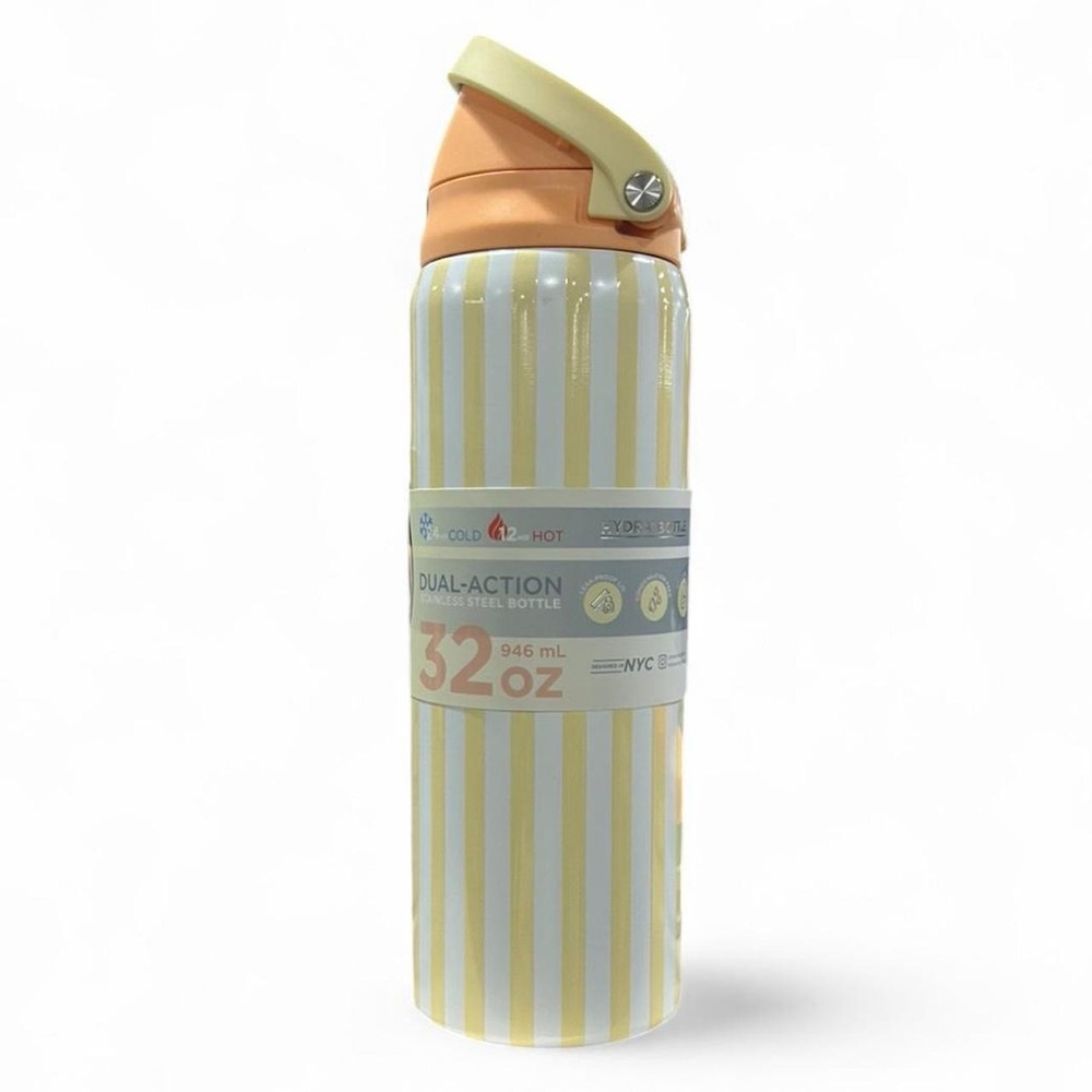 Manna Yellow Lined Pattern 32oz Stainless Steel Water Bottle Flip Straw